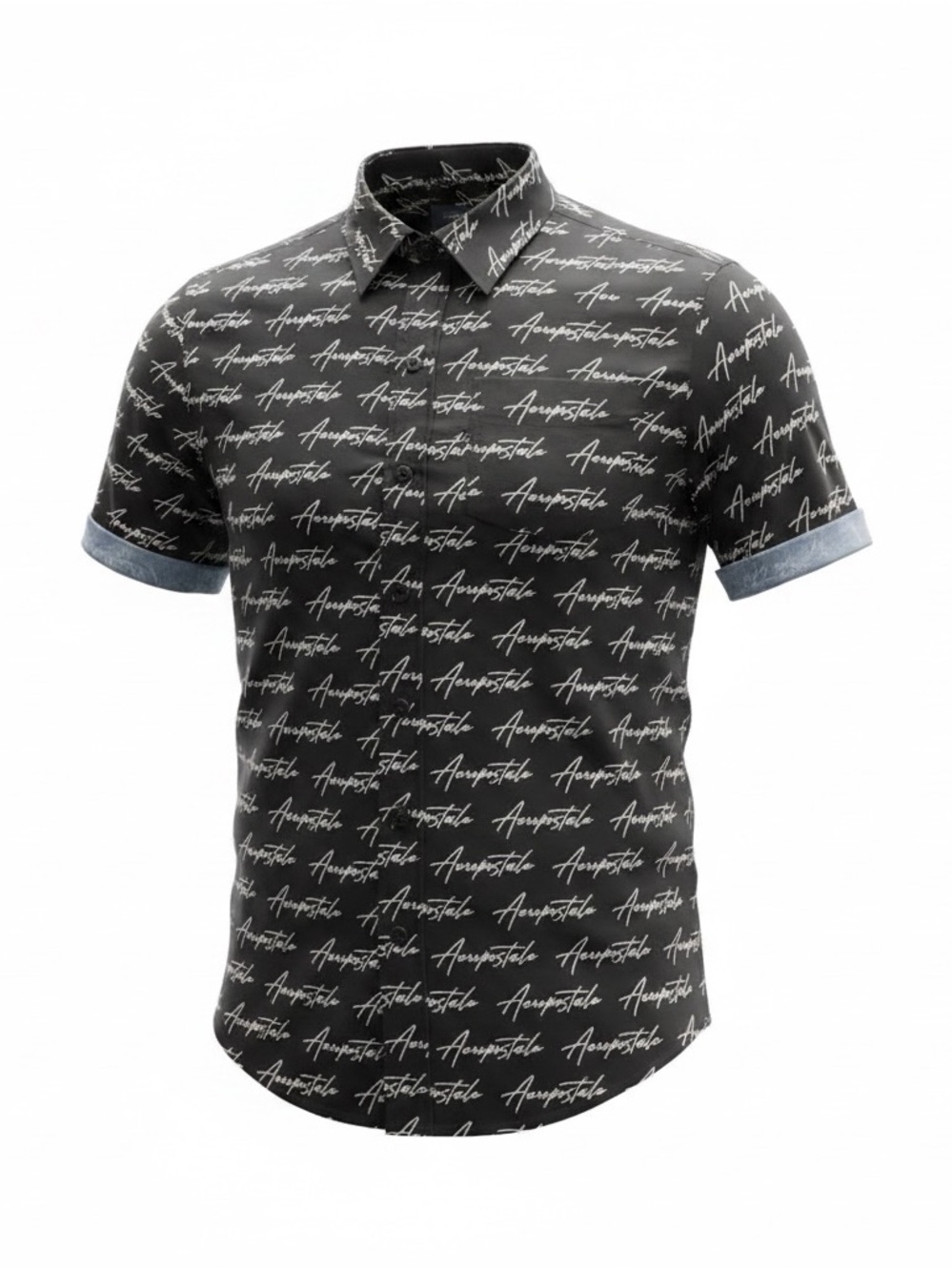 Aeropostale Black Short Sleeve Script-Print Button-Down Shirt